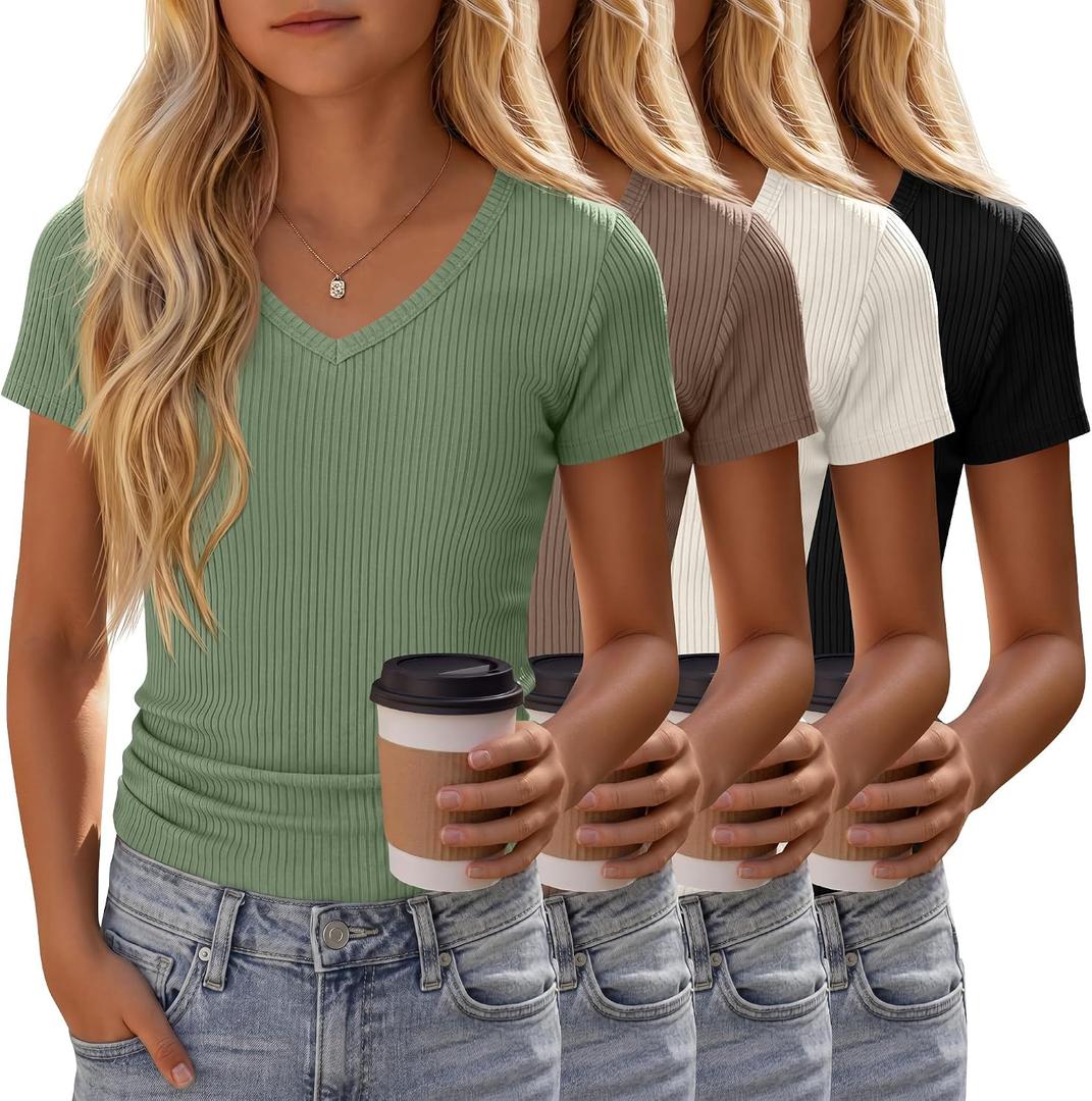 4 Pack Girls Short Sleeve Shirts Ribbed V Neck Tops Fitted Kids Soft Basic Tees Summer