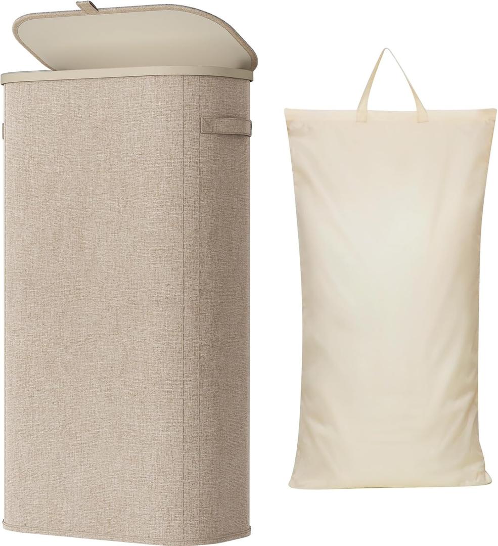 Lifewit Slim Laundry Basket with Lid, Narrow Large Laundry Hamper with Plastic Handles and Removable Bag, Tall Foldable Dirty Clothes Hampers for Laundry Room, Bedroom, Bathroom, Dorm, 75L Beige