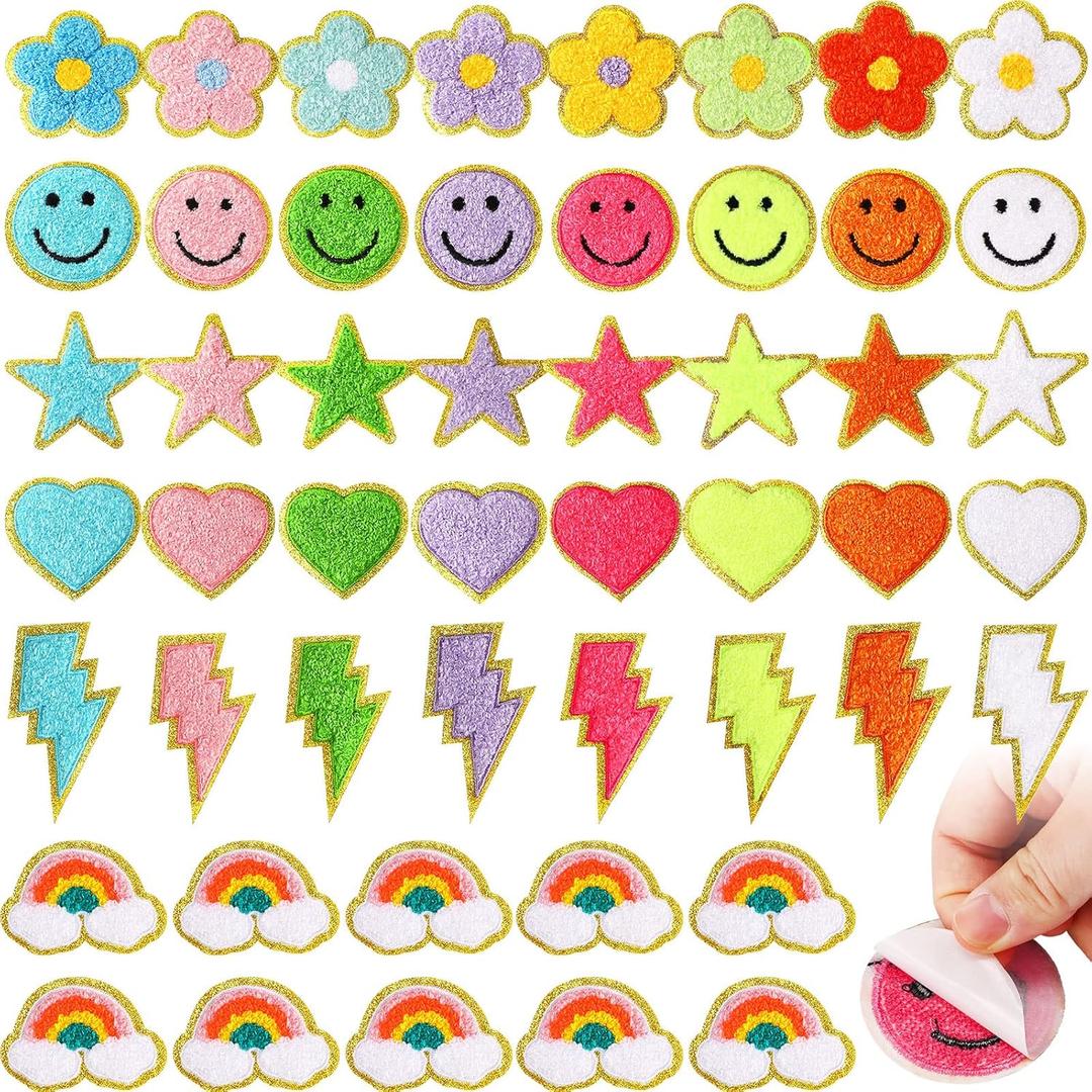 Yilloog 50 Pcs Self Adhesive Chenille Patches Paw Print Smile Face Heart Patch Preppy Sticker Chenille Rainbow Sew on Sticker for Jackets Jeans(Colorful Style,Rainbow Color)