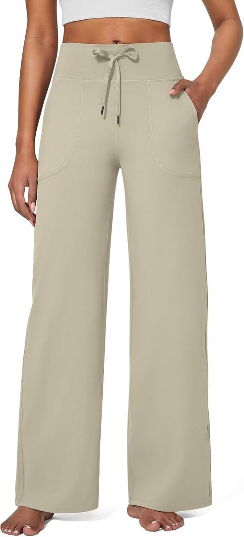 G4Free EverGoing Wide Leg Pants for Women Yoga Pants High Waist Sweatpants with Pockets Stretch Lounge Pants Comfy Workout (Beige, XXL)