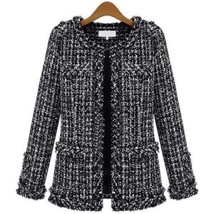 ebossy Women's Elegant Open Front Round Neck Fringed Plaid Tweed Jacket L