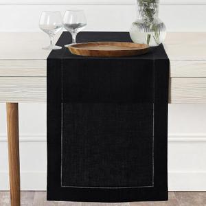 D'Moksha Homes Linen Table Runner 14 x 36 Inch - 100% Pure Linen Classic Hemstitch Black Table Runner - Machine Washable Farmhouse Table Runner for Summer
