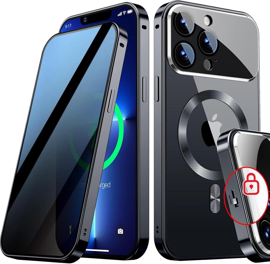 [Full Camera Protection& Mechanical Lock]Magnetic Privacy Case for iPhone 14 Pro Max[Compatible with MagSafe][CD Metal Ring]Full Body Shockproof Metal Bumper, 9H Anti Peeping Glass Cover-Dark Black