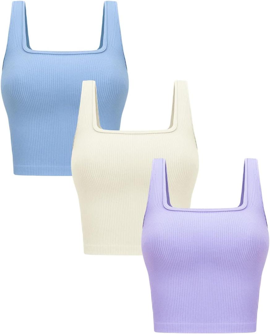 OLCHEE Womens 3 Pack Crop Tank Tops Basic Seamless Ribbed Sleeveless Square Neck Workout Top Summer Exercise Yoga Gym Shirts (Beige + Light Blue + Lavender) L