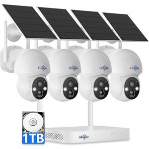 Hiseeu Solar Camera Wireless Outdoor, Home Security Camera System, 2.4G & 5G WiFi, Solar-Powered 4MP 4 Cam-Kit, Color Night Vision, 360 View, Pan & Tilt, 1TB HDD Local Recording, No Subscription