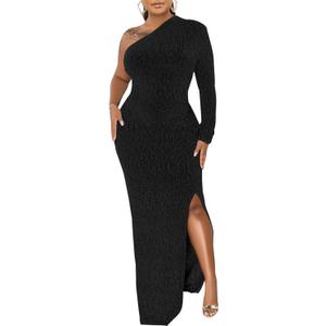 Women's Formal Evening Gowns Elegant Sparkly One Shoulder Maxi Dresses Sexy Long Sleeve High Split Party Long Dress (Black, M)