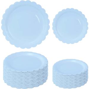 50 Pcs Light Blue Scalloped Paper Plates 25 × 7'' and 25 × 9'' Disposable Baby Blue Scalloped Dinner Plates for Wedding Baby Shower Birthday Party Disposable Dessert Plate