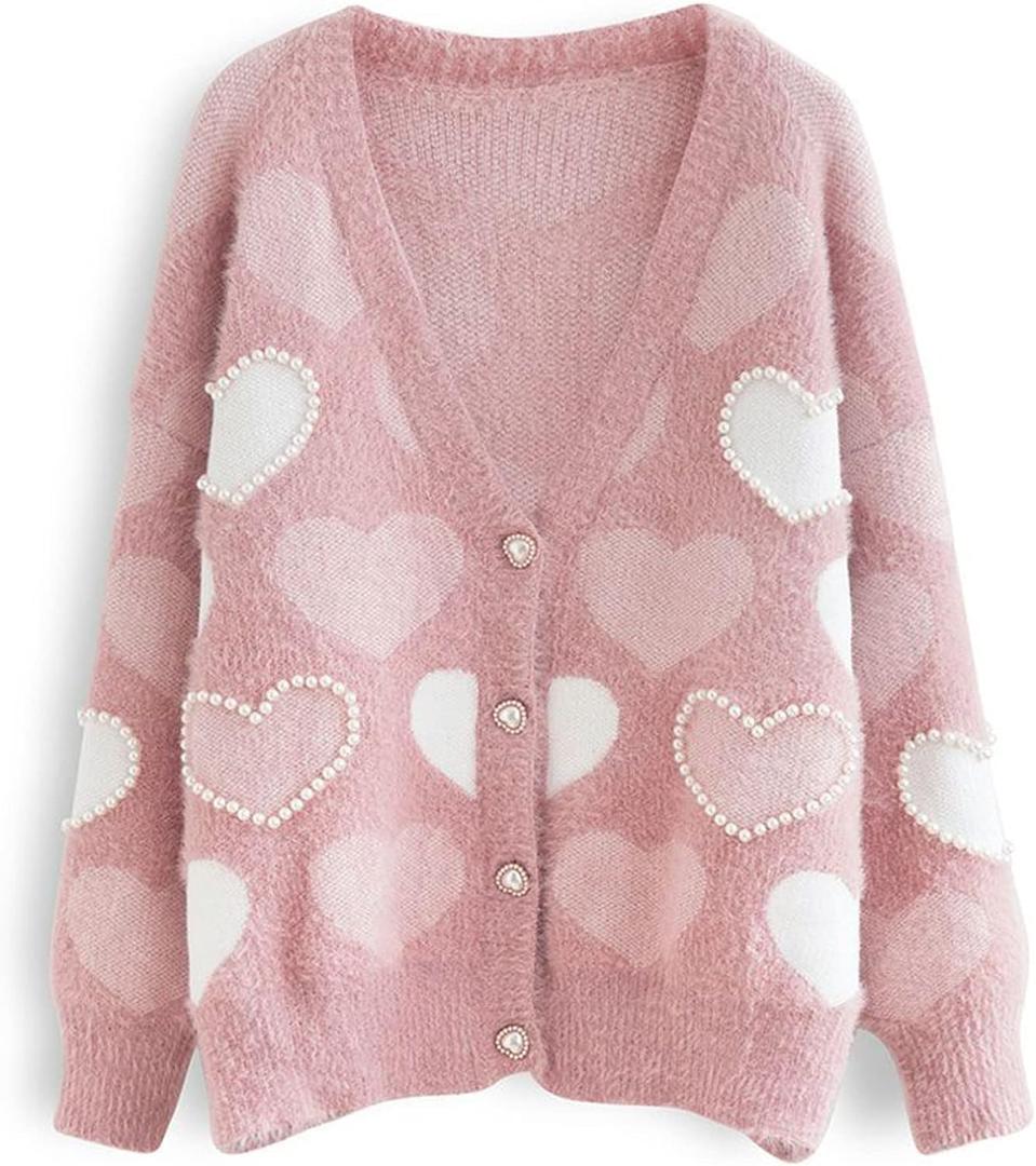 Women's Cute Heart Cardigan Sweaters Love Print Valentin's Day Sweater Button Up Front Oversized Knit Top (Large, Pearl Pink)
