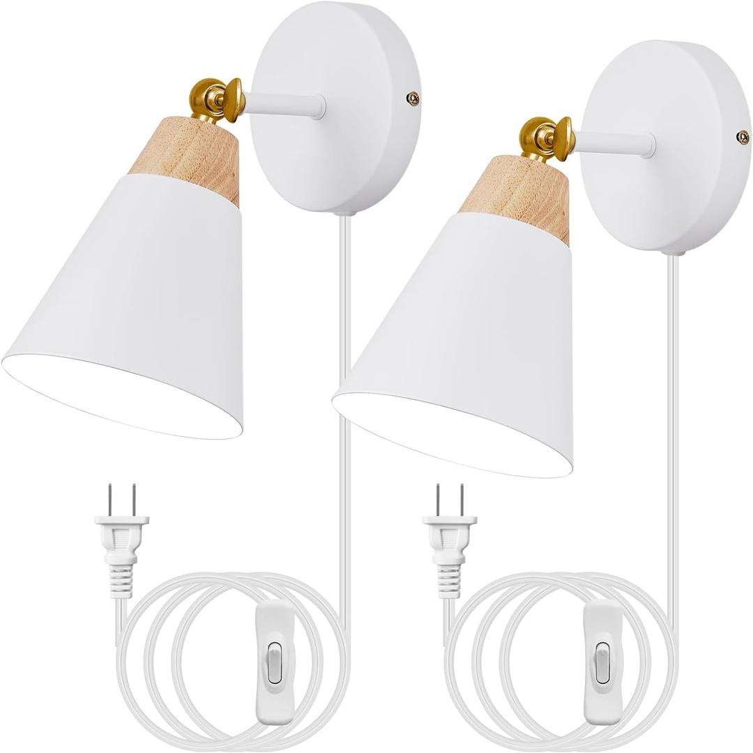 Wall Sconce Set of 2, Wall Sconce with Metal Shade, Plug Switch, Indoor Decor Wall Mount Swing Arm Lamp for Bedroom,Hallway,Living Room,Reading, White