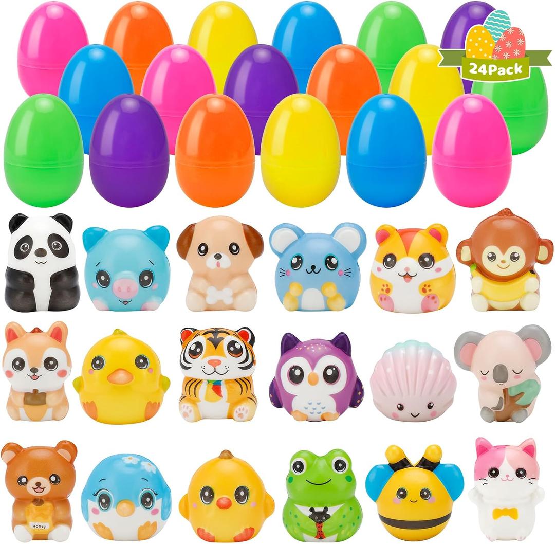 24 Pack Easter Eggs with Cute Squishy Animal Toys, Colorful Fillable Plastic Eggs for Easter Egg Hunt, Party Favors, Basket Stuffers for Kids, Small