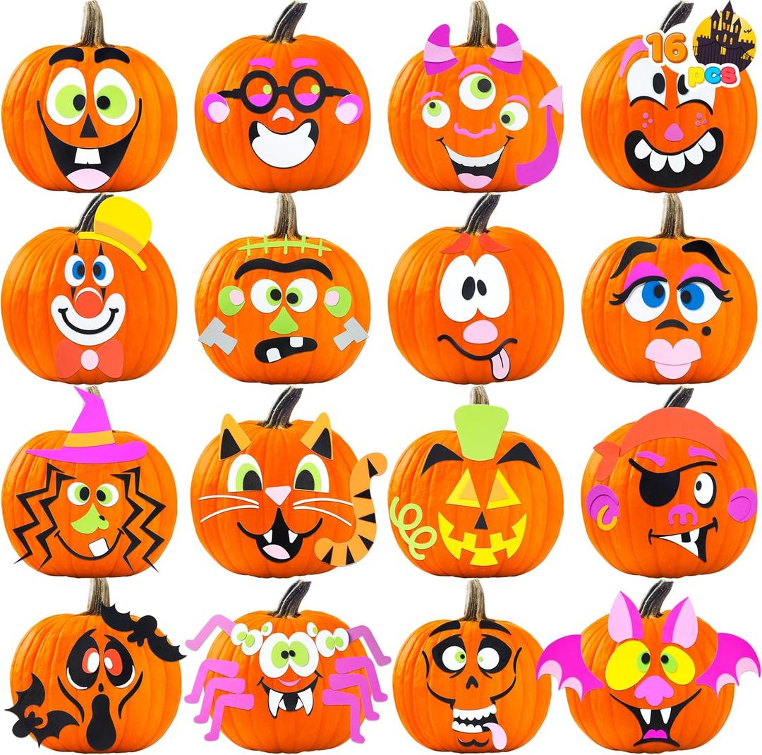 JOYIN 16 Packs Halloween Pumpkin Decorating Stickers, Foam Craft Kit, Halloween Party Favors for Kids, Party Supplies Arts Activities, Funny Jack O Lantern Stickers School Games Gifts