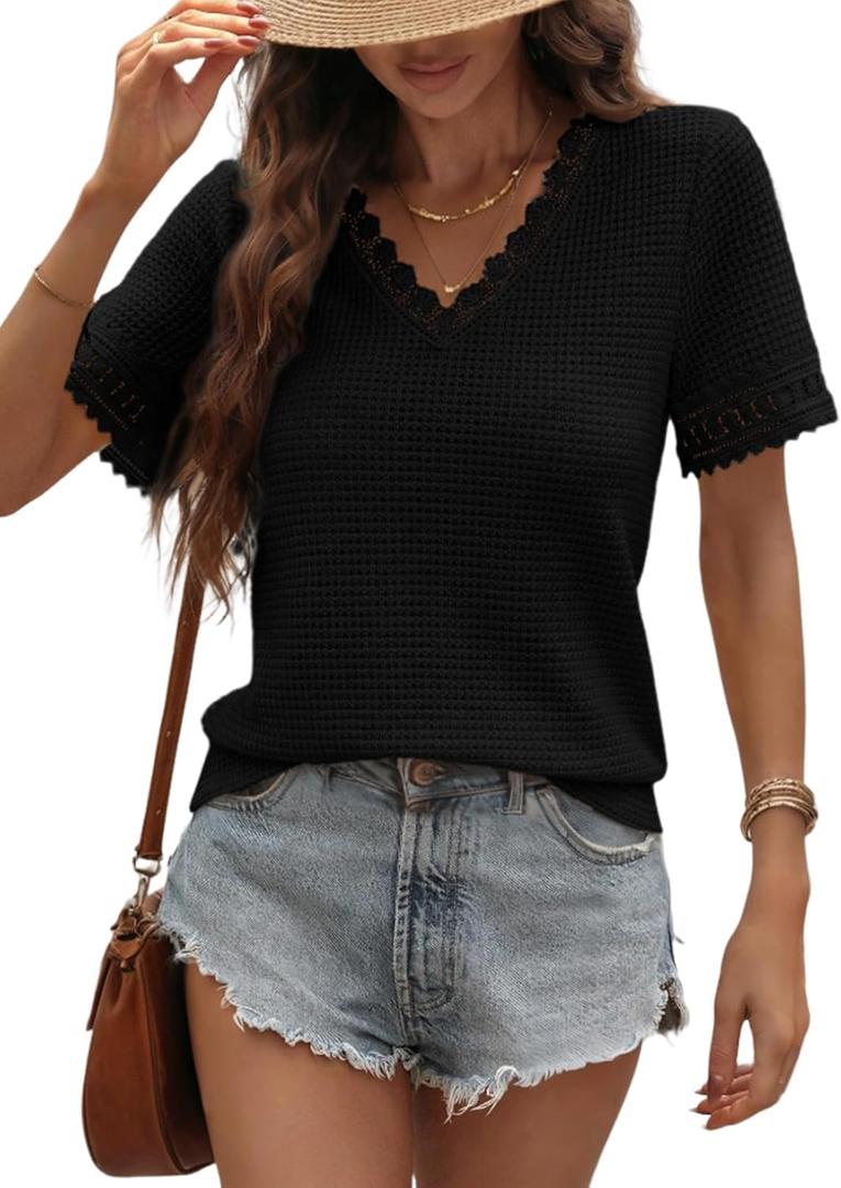 Dokotoo Women's Casual V Neck Short Sleeve Waffle Knit Lace Patchwork Shirts Summer Loose Basic Tunic Tops Tee Blouses (Medium, Black)