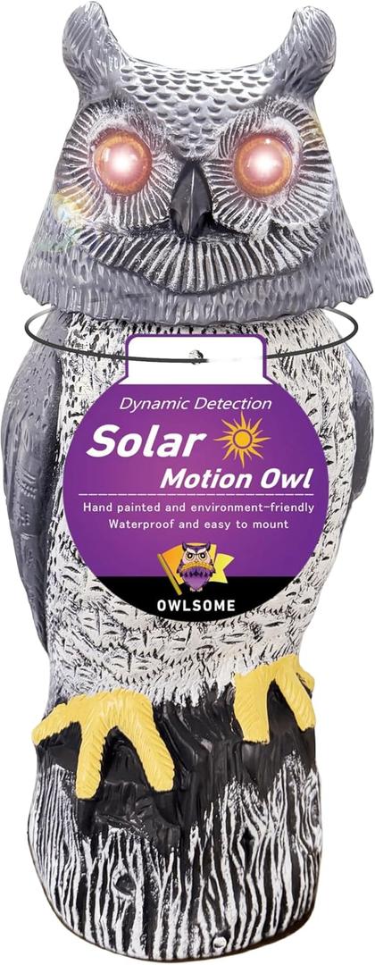 Owlsome Solar Owl with Colored Flashing Eyes, Rotating Head, Hoot Sound, Motion Detector and Silent Mode, Plastic Owl Garden Sculpture, Garden Decoration