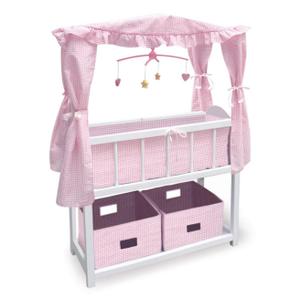 Canopy Doll Crib with Baskets, Bedding, and Mobile – White/Pink
