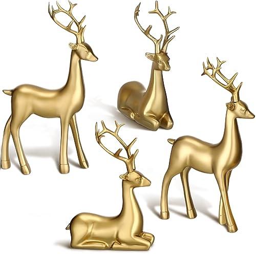 Thyle 4 Pcs Christmas Reindeer Decor Small Resin Standing Sitting Deer Figurine Mini Reindeer Christmas Table Decoration for Home Indoor Xmas Holiday Small Statue Rustic Table Decor(Gold)