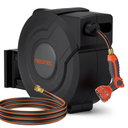 NEOTEC Retractable Garden Hose Reel 1/2 inch x 150ft - Wall Mounted Heavy Duty Hose Reel with 3/4 Inch Brass Fittings & 9-Pattern Nozzle - Auto Rewind System, Any Length Lock, 180° Swivel Bracket. There is no hose or nozzle for it