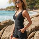 Talisea Womens Tankini Swimsuits with Shorts - Two Piece Tummy Control Bathing Suits with Pockets V Neck Swimwear Boyshorts (Black, L)