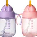 Tommee Tippee Starter Weighted Straw Baby & Toddler 10oz Sippy Cup for 6 Months+, with Silicone Weighted Straw and Easy-Hold Handles, BPA Free, Pink & Purple, Pack of 2
