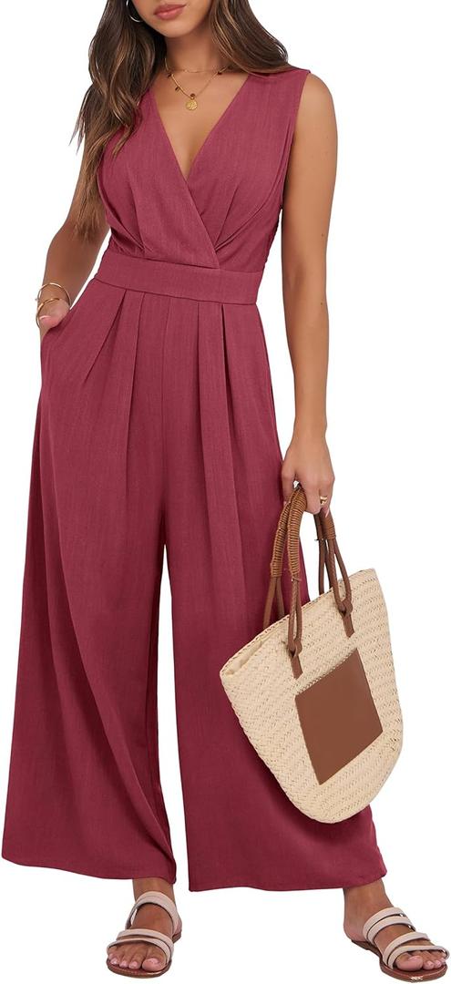 ANRABESS Women Jumpsuits Sleeveless V Neck Elegant Dressy Casual Backless One Piece Pants Romper 2026 Summer Outfits (Medium, Burgundy)