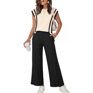 ANRABESS Women 2 Piece Lounge Sets Summer Casual Knit Sweater Vest Pant Set Beach Vacation Clothes 2026 Airport Outfits (Beige, L)