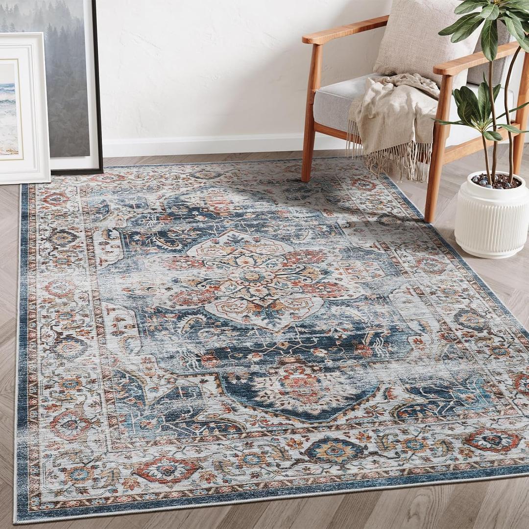 5x7 Area Rugs for Living Room,Stain Resistant Washable Rug,Non-Slip Backing Rugs for Bedroom,Kitchen,Printed Vintage Home Decor Rug (Navy, 5'x7')