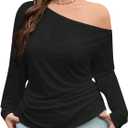 Milumia Women's Plus Size Off The Shoulder Ruched Top Asymmetrical Long Sleeve Loose T Shirts (3X-Large Plus, Black)
