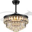 42 Inch Fandelier Ceiling Fan with Light, Retractable Ceiling Fan with Lights Chandelier Fan for Bedroom, Living Room, LED Dimmable, 3 Color, 6 Wind Speed-Black