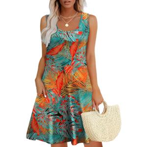 WEESO Womens Summer Dresses Loose U Neck Sleeveless Sundresses Dress with Pockets, Floral Coconut Leaves XL