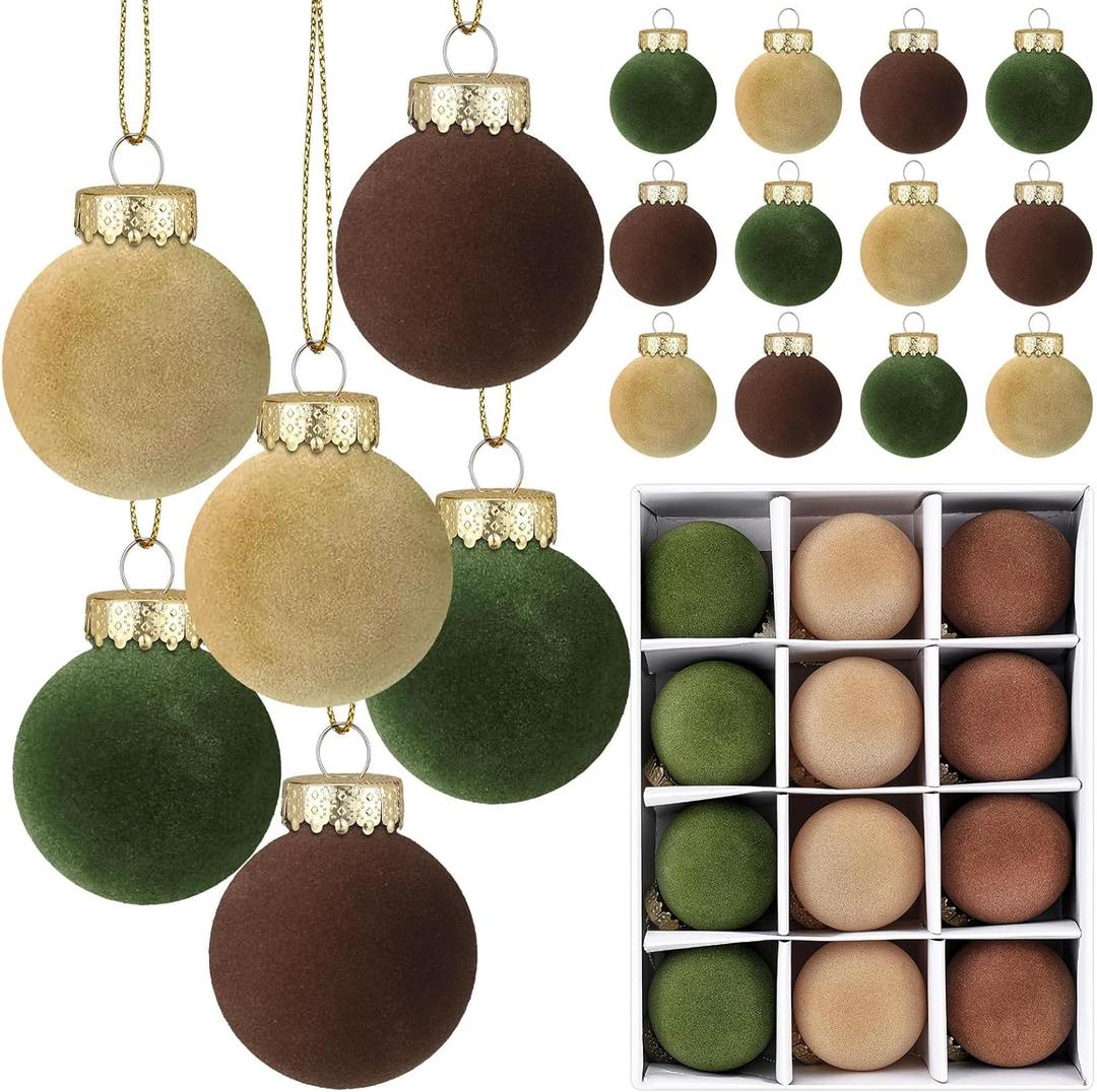 12 Pcs Velvet Flocked Ornaments Holiday Ball Ornaments for Xmas Tree, Home Holiday Decor (Brown, Green, Beige, 8 cm)