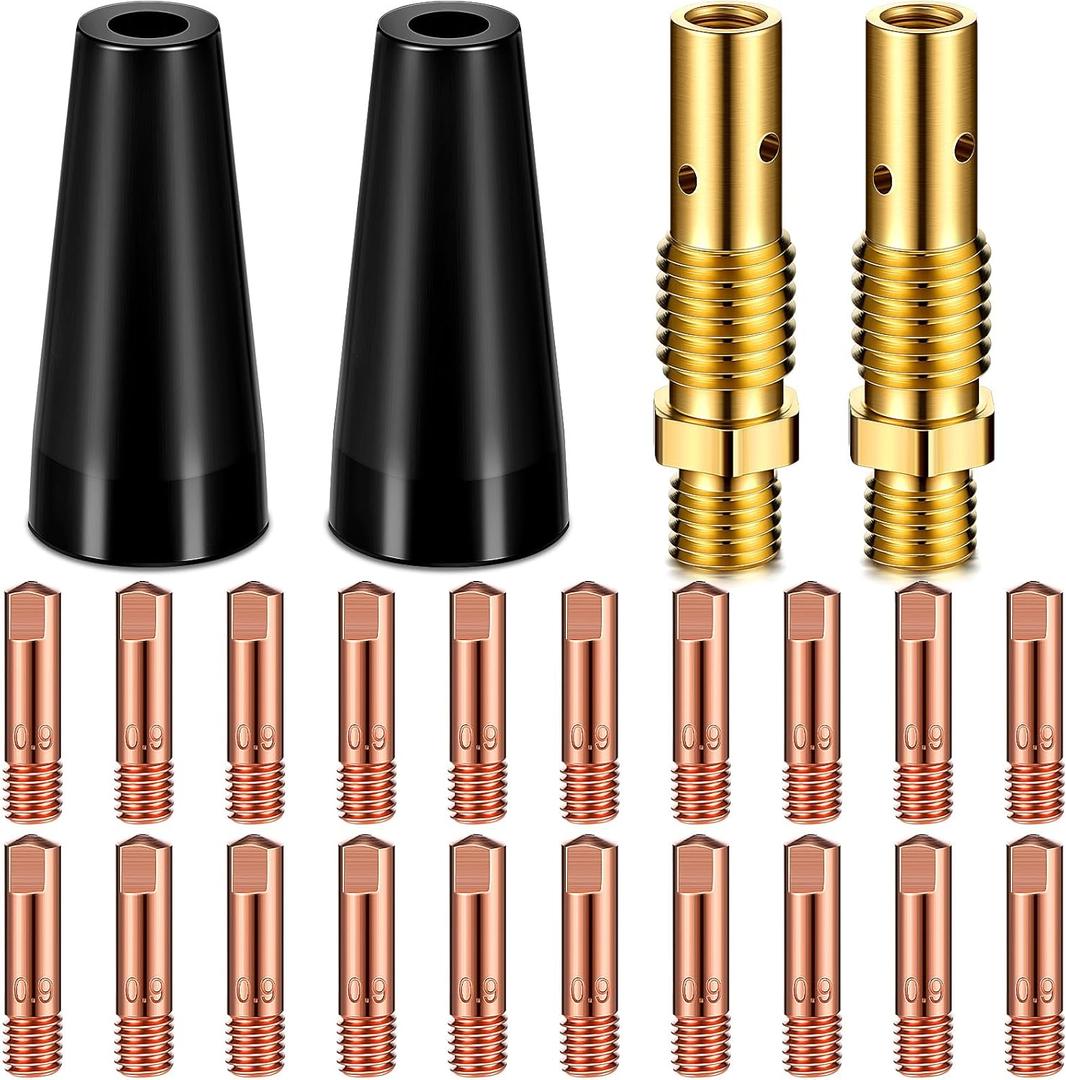 Therwen 24 Pcs Flux Core Gasless Nozzle Tips Kit KP1939-1 Flux Core Welder Contact Tips Gasless Nozzle Gas Diffusers for Welder Gun (0.035 (0.9mm) kit)
