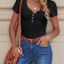PRETTYGARDEN Women's Summer Casual Henley T-Shirts Short Sleeve V Neck Button Up Ribbed Knit Slim Fit Basic Tops (Black, S)