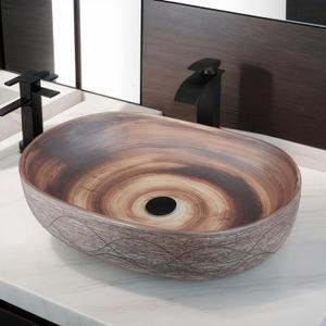 23 x 16 Bathroom Vessel Sink with Waterfall Faucet and Pop-Up Drain Combo, Oval Ceramic Vessel Sink Above Counter Brown Bathroom Sink Bowls
