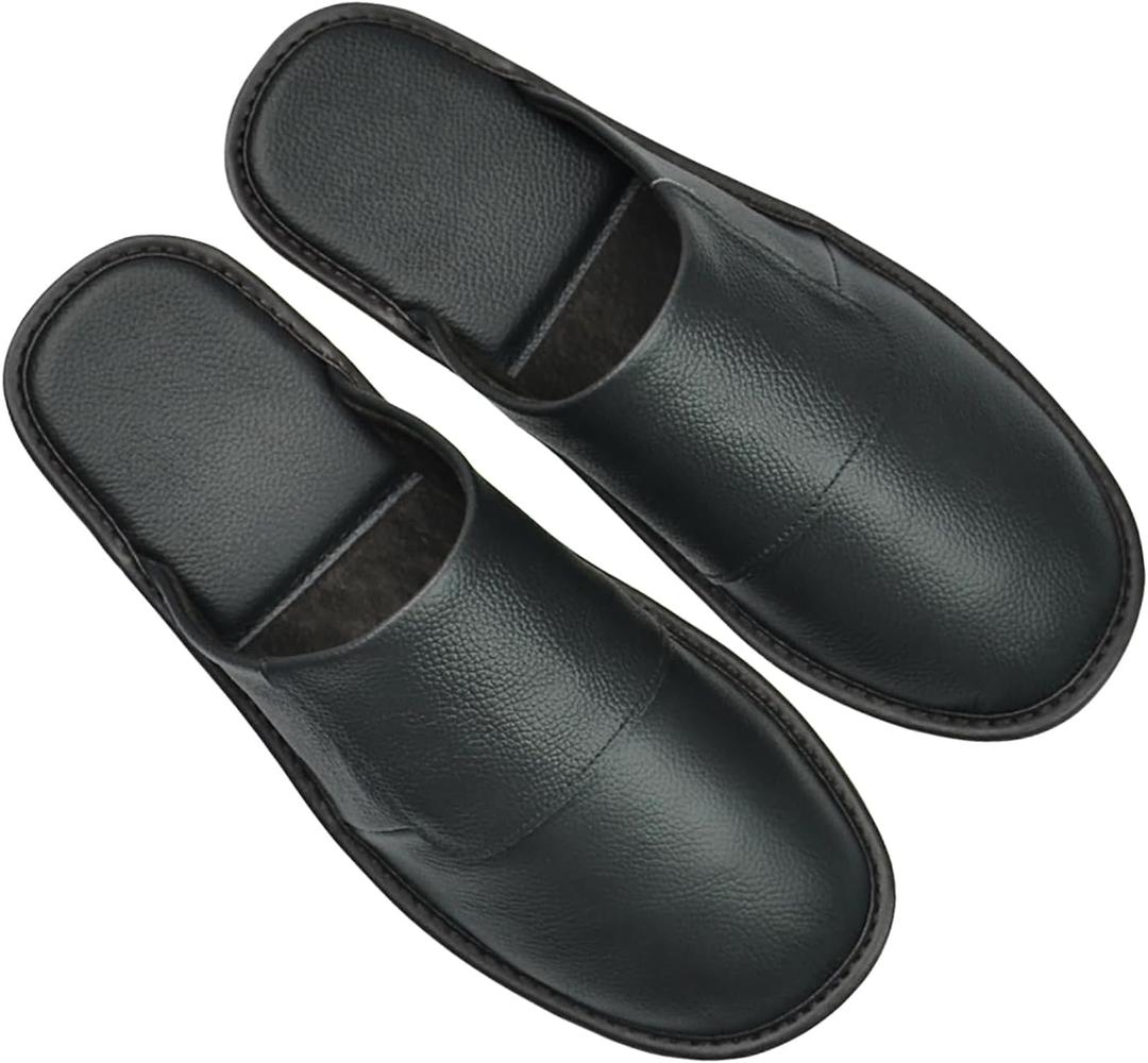 Hwayslon Leather Slippers Men's Women's Leather Room Shoes Natural Cowhide Luxury Solid Color Unisex (9-10 Women/8-9 Men, Black)