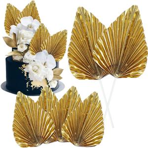 Gyufise 6Pcs Paper Palm Fan Cake Toppers Palm Spear Leaves Fan Cupcake Toppers Cake Insert Decorations Craft DIY Cake Bakeware Decoration for Birthday Party Wedding Party Decor Supplies Light Gold