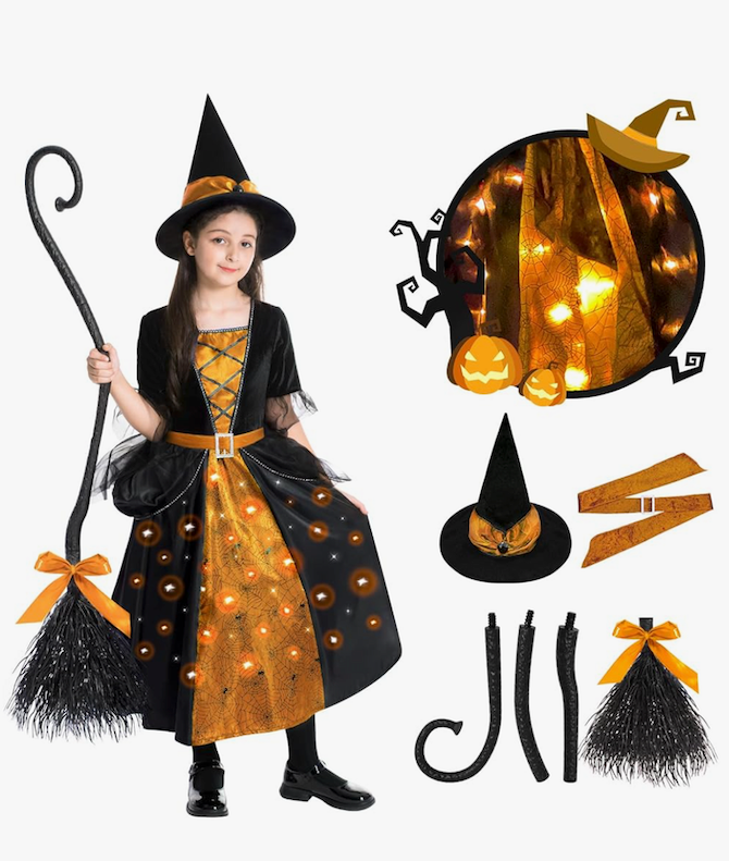 Witch Halloween Costumes for Girls, Light Up Dress with Broom and Hat, Kids Costume Glow in the Dark for Halloween Party, M