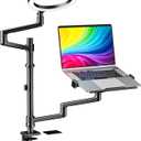 WALI Laptop Desk Mount, Laptop Stand for Desk with 10" LED Ring Light 3 Color&10Brightness, Height Adjustable Monitor Stand for 17-32" Monitor 12-17 Laptops Home Office Online