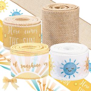 Waydress 4 Rolls Here Comes The Sun Ribbon 2.5 Inch Wired Baby Shower Ribbon for Diaper Cake Wreaths Bows Gift Wrapping DIY Crafts Girl Baby Shower Decoration(Yellow)