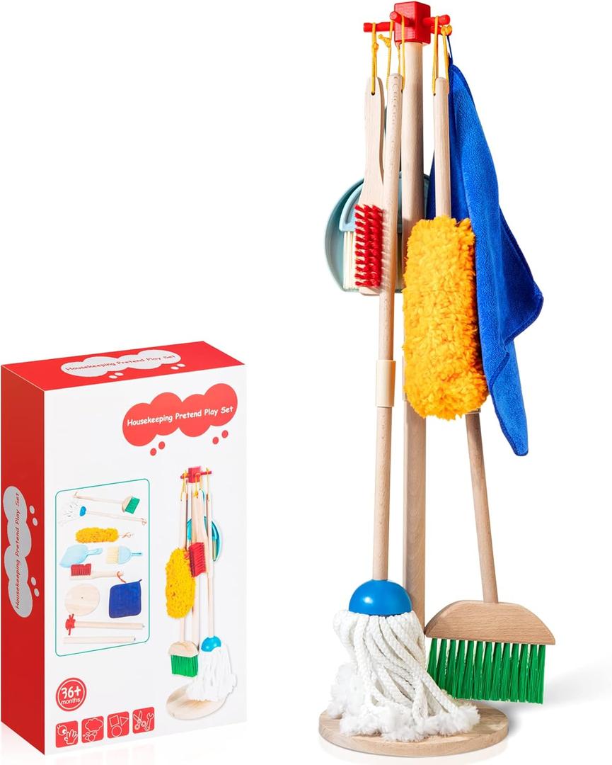Wooden Kids Cleaning Set for Toddlers, 8 Pieces Montessori Cleaning Toys with Kids Broom and Mop Set, Housework Pretend Play Toy Gift for Boys Girls Ages 3+