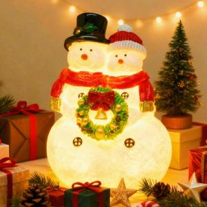 Snowman Couple Figurines with Christmas Wreath, Resin Christmas Snowmen Decorations, Snowman Tabletop Home Decor Statue for Tabletop Ornaments
