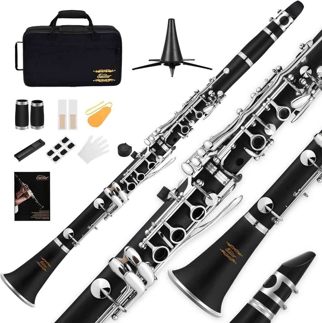 Eastar B Flat Clarinet for Beginner, Ebonite Clarinet Nickel-plated with 2 Barrels, 3 Reeds, White Gloves, Hard Case, Cleaning Kt, ECL-300