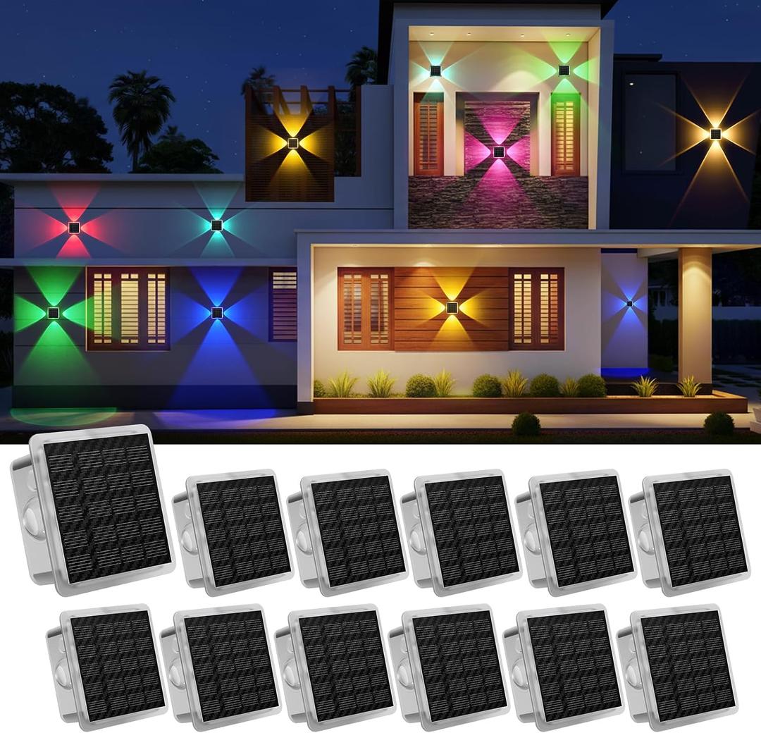AUDLES Solar Fence Lights Outdoor, IP67 Waterproof 4-Sided Glow Solar Wall Lights, RGB 8 Modes Color Changing Solar Garden Light for Patio Pool Step Porch Yard-12 Pack