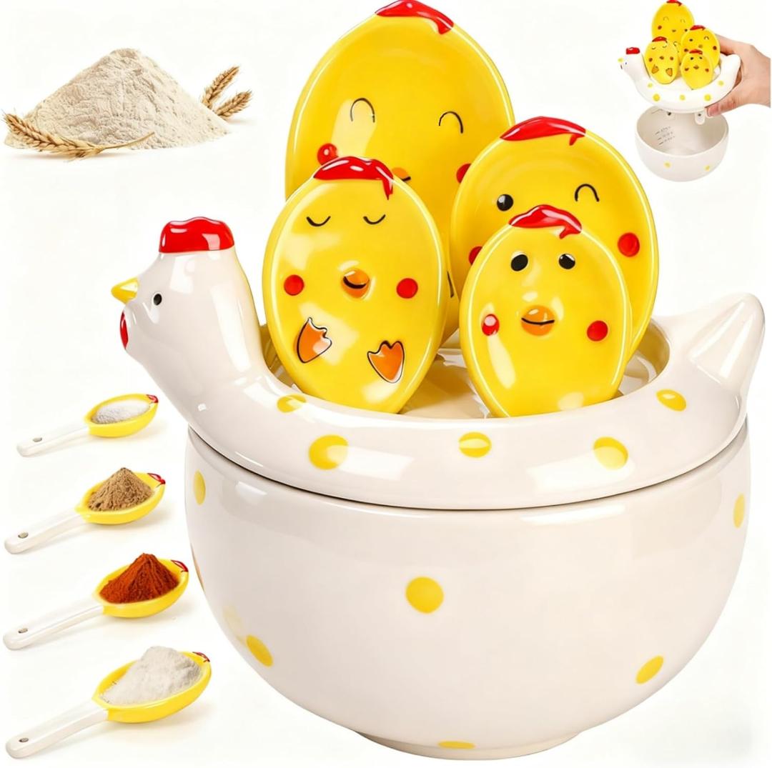 5 Pcs Ceramic Measuring Spoons with Holder, Chicken Measuring Teaspoon Set in Pot, Cute Ceramic Hen Measuring Cups and Tablespoons for Salt Sugar Powder Liquid Dry Ingredients, Kitchen Decor