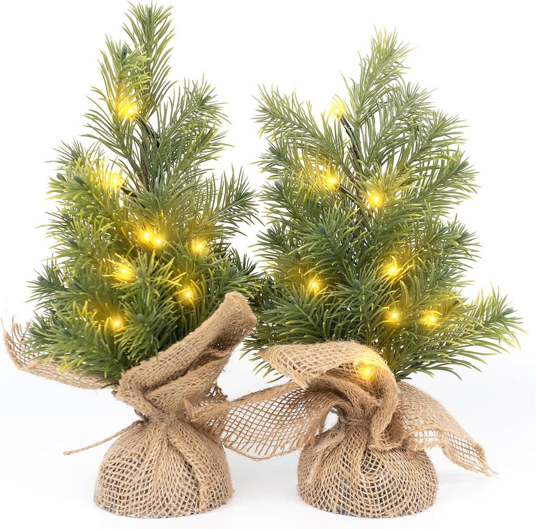 MINDELF Set of 2 Mini Christmas Tree, 12 in Pre-lit Tabletop Xmas Decorations with 8 Warm LED Lights, Battery Operated with Timer, Burlap Base Artificial Pine Tree for Indoor Desk Office Dorm