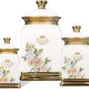 fanquare Floral Canisters with Gold Trim, Ceramic Decorative Countertop Jars, Farmhouse Porcelain Cookie Jar and Sugar Bowl Set with Airtight Lid