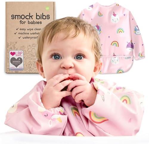 Nombear Waterproof Smock Baby Bibs for Eating (Boy or Girl 6-24 Months) - Toddler Long Sleeve Bib for Baby Led Weaning