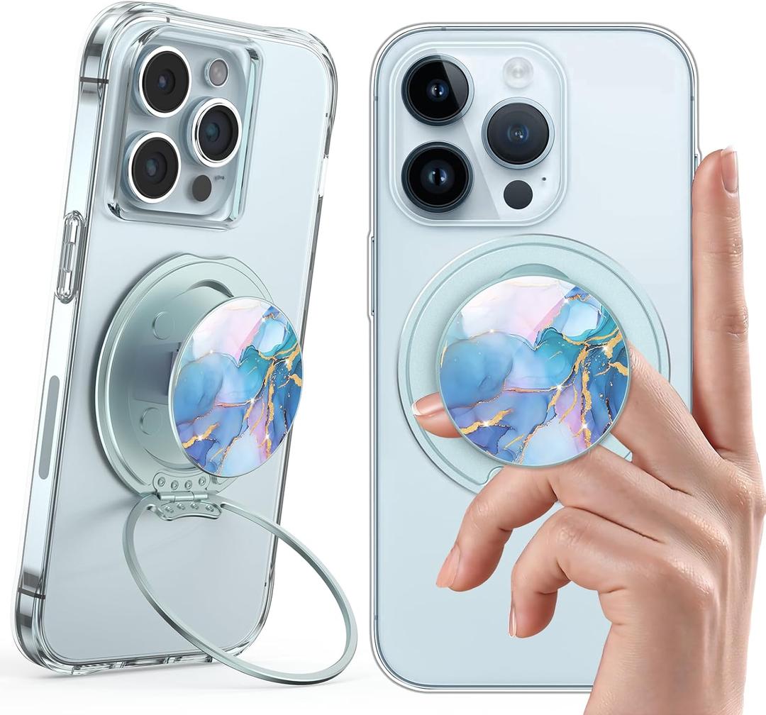 Typecase Magnetic Phone Grip Holder: Adjustable Finger Ring Kickstand - Adapter Ring Included - Phone Grips for Back Compatible with iPhone Android Kindle Accessories - Blue Marble