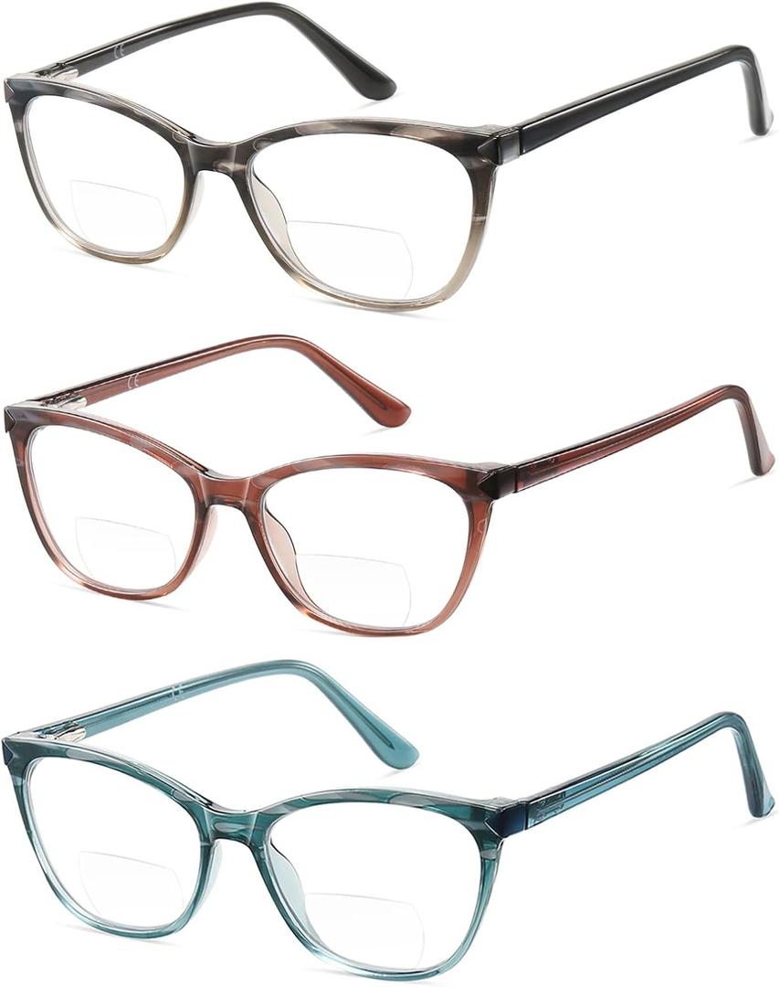 Bifocal Reading Glasses Women Cat Eye Blue Light Blocking Computer Reader Clear Top No Line Transition Ladies Eyewear (Black & Blue & Brown Red)