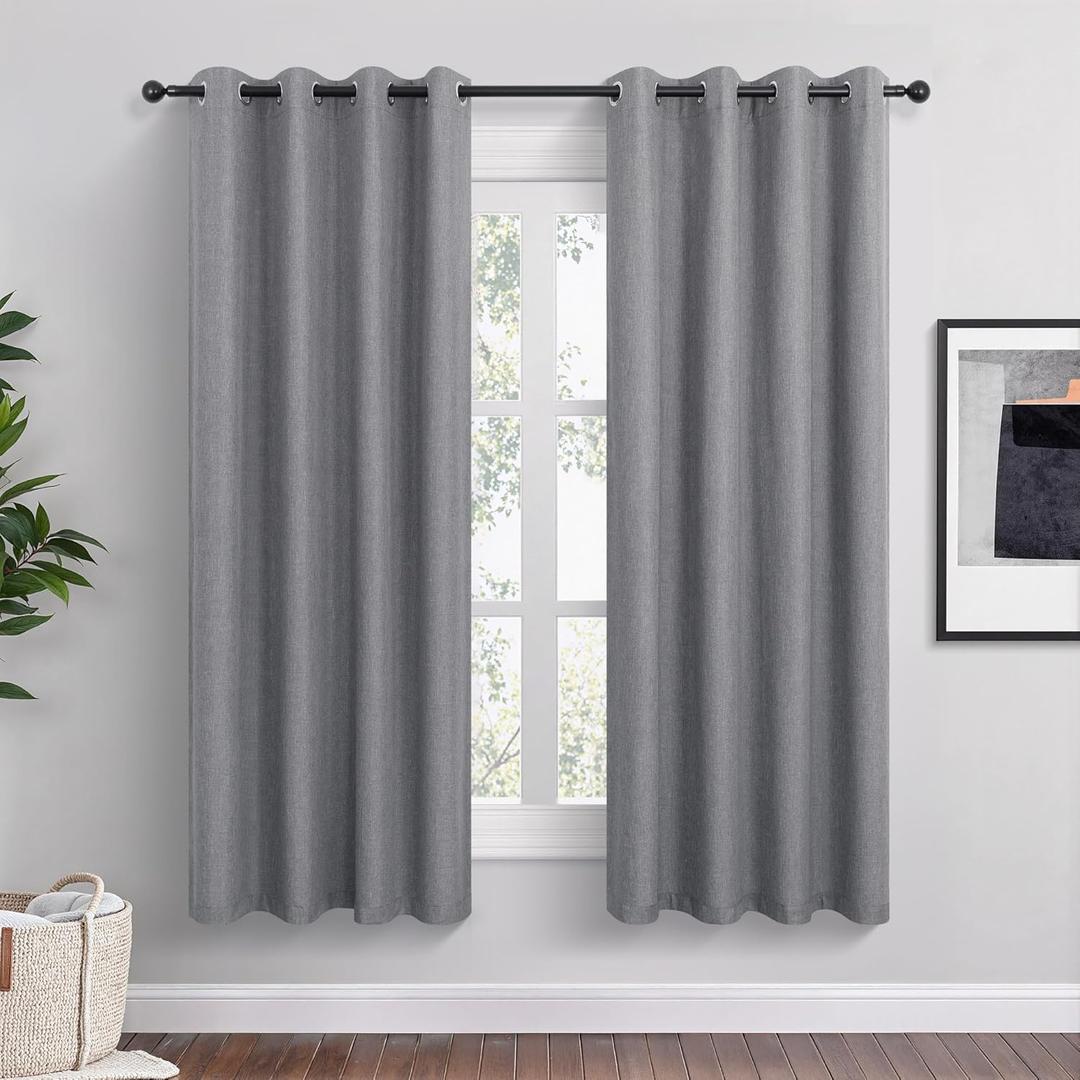 Dark Grey Linen Blackout Curtains 63 Inch Length 2 Panels Set for Bedroom Living Room Grommet 100% Black Out Linen Drapes Room Darkening Window Curtains 63 Inches Long Dark Gray