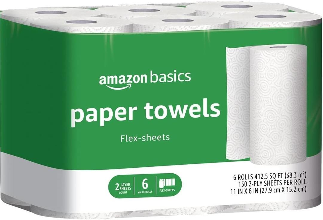 Amazon Basics 2-Ply Flex-Sheets Paper Towels, 6 Basics Rolls = 20 Regular Rolls, Everyday Value with 150 Sheets per Roll