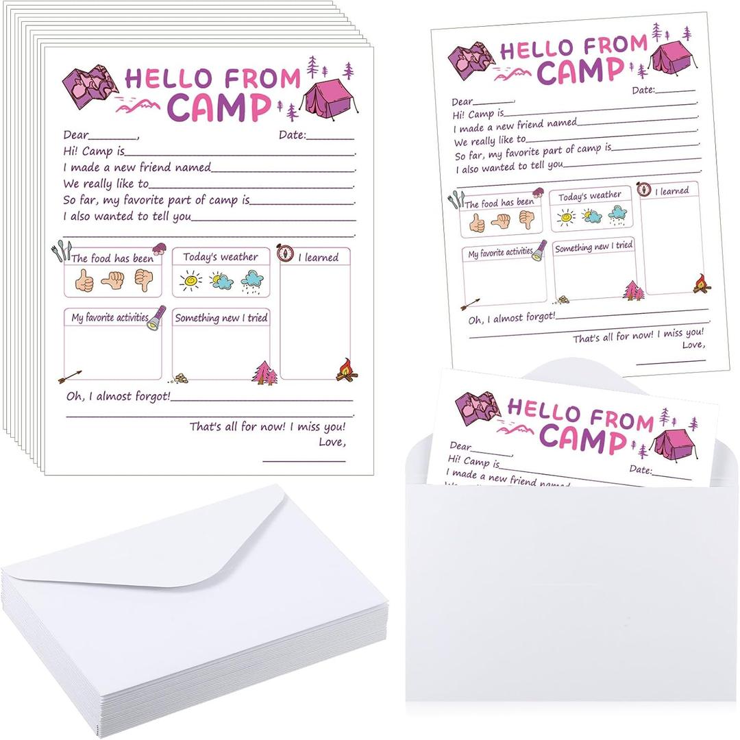 12 Set Sleepaway Camp Flat Cards and Envelopes Notepad Set for Campers Boys and Girls 5. 12 x 7. 87 in with Envelopes Fill in The Blank Camp Stationary(Girl Fill in the Blank)